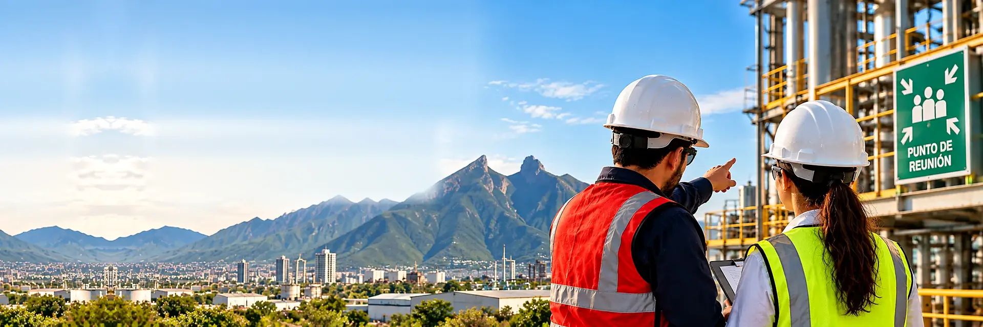 Consultores de Vive Seguridad en una planta industrial de Monterrey, Nuevo León, con el Cerro de la Silla al fondo
